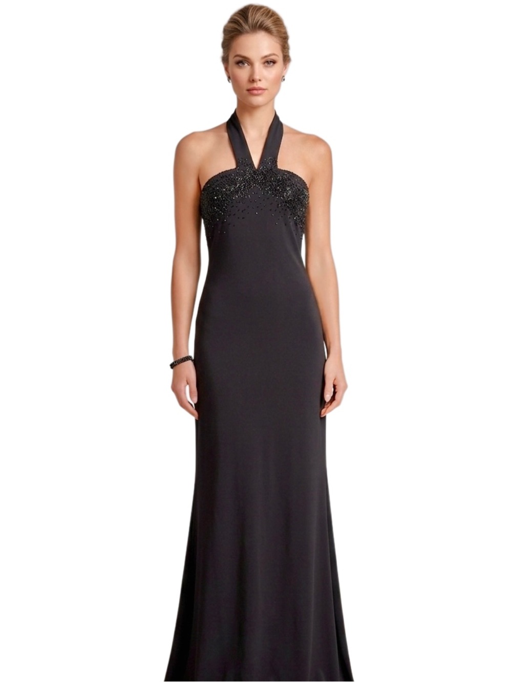 Laundry by Shelli Segal Black Beaded Halter Neck Gown-Sz 8